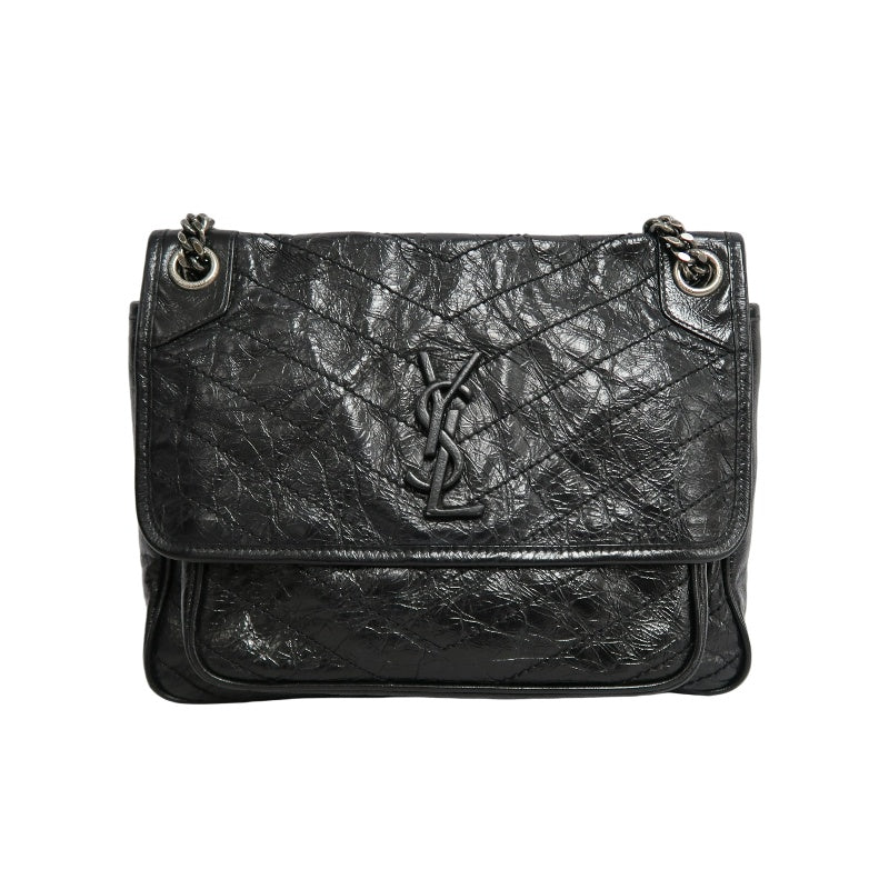 YVES SAINT LAURENT  Niki Black Crinkled Waxed Leather Shoulder Bag