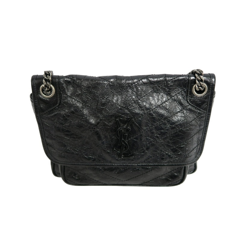 YVES SAINT LAURENT  Niki Black Crinkled Waxed Leather Shoulder Bag
