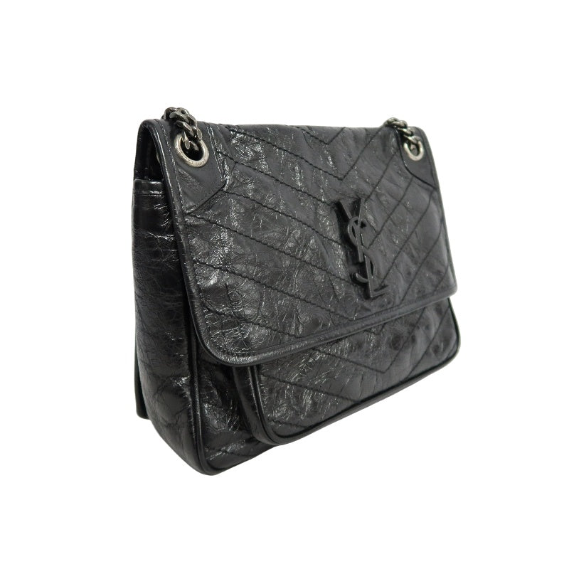 YVES SAINT LAURENT  Niki Black Crinkled Waxed Leather Shoulder Bag