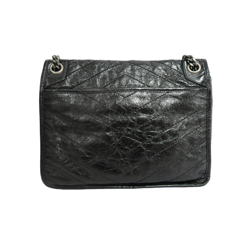 YVES SAINT LAURENT  Niki Black Crinkled Waxed Leather Shoulder Bag