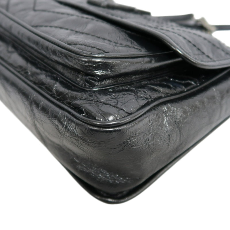 YVES SAINT LAURENT  Niki Black Crinkled Waxed Leather Shoulder Bag