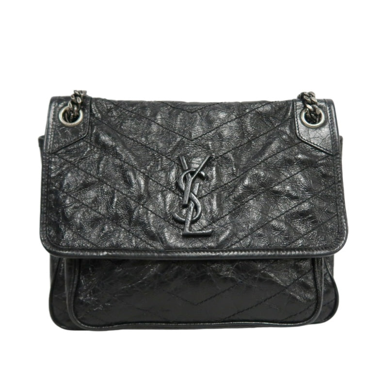 YVES SAINT LAURENT  Niki Black Crinkled Waxed Leather Shoulder Bag