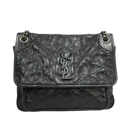 YVES SAINT LAURENT  Niki Black Crinkled Waxed Leather Shoulder Bag