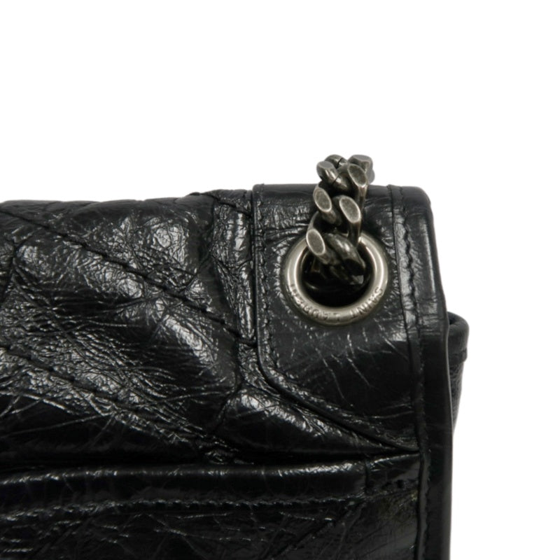 YVES SAINT LAURENT  Niki Black Crinkled Waxed Leather Shoulder Bag