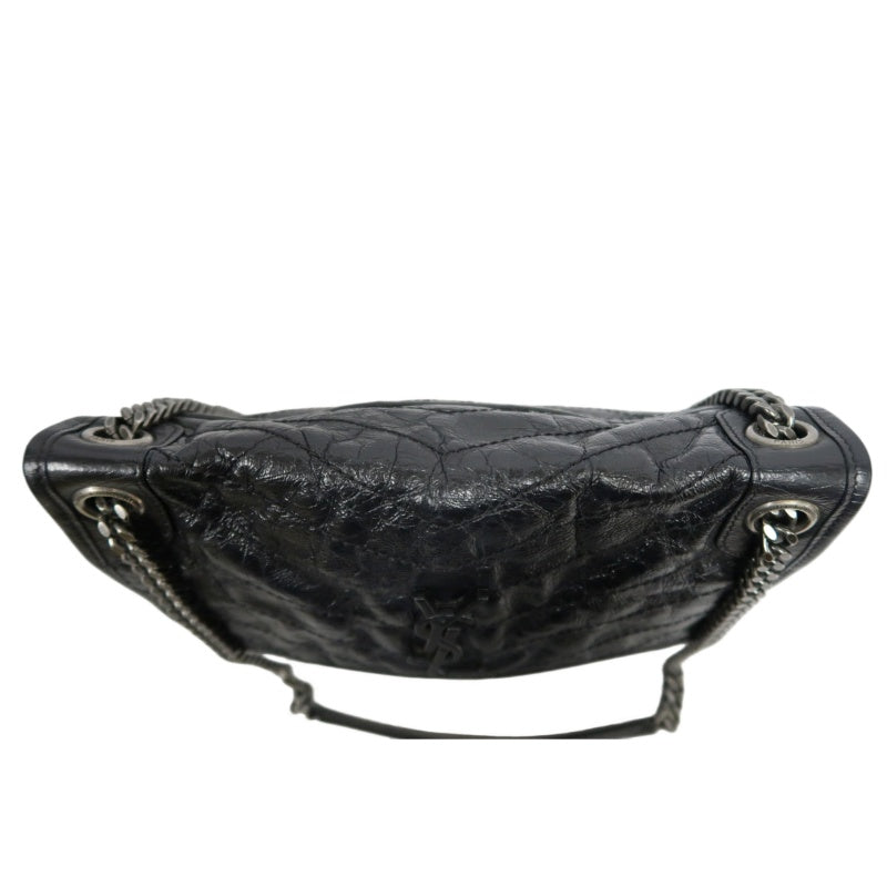 YVES SAINT LAURENT  Niki Black Crinkled Waxed Leather Shoulder Bag