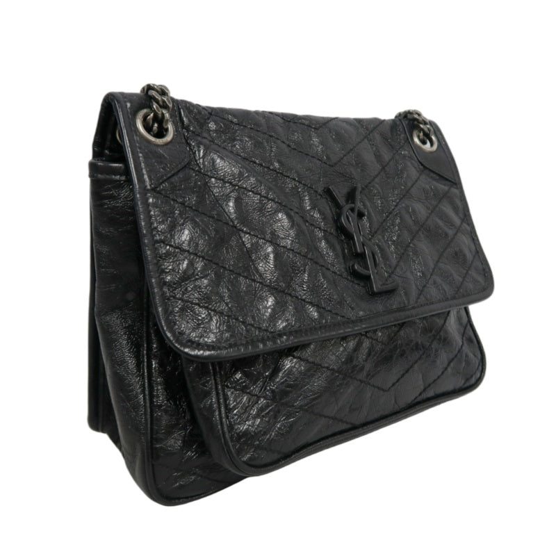 YVES SAINT LAURENT  Niki Black Crinkled Waxed Leather Shoulder Bag