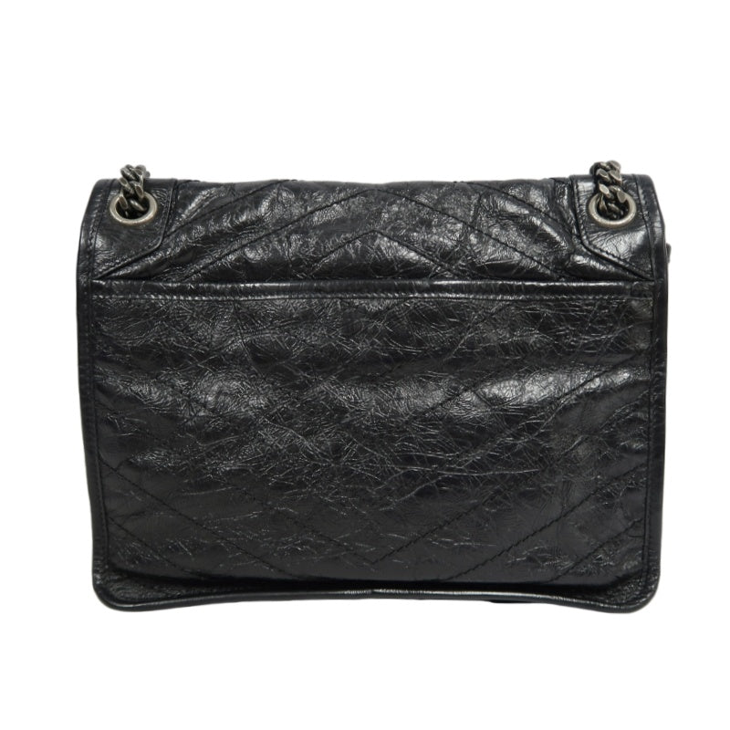 YVES SAINT LAURENT  Niki Black Crinkled Waxed Leather Shoulder Bag
