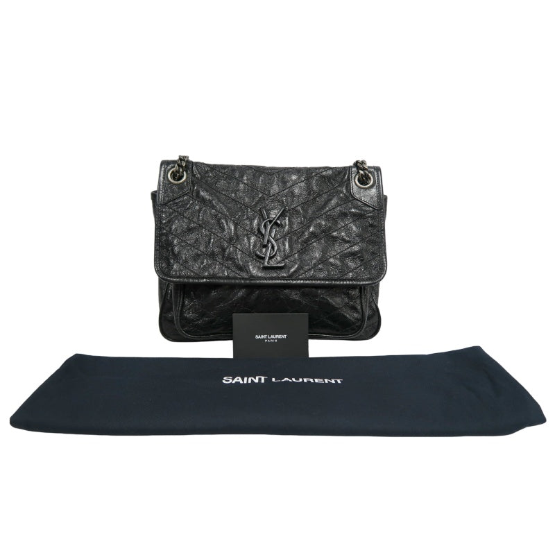 YVES SAINT LAURENT  Niki Black Crinkled Waxed Leather Shoulder Bag