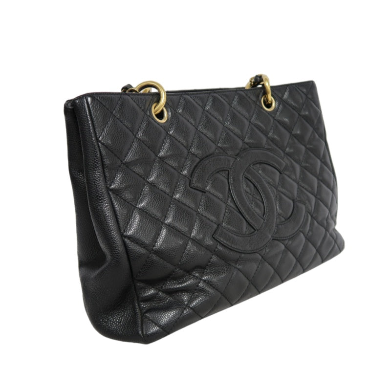 CHANEL Matelasse Black Caviar Leather GST Tote Shoulder Bag With Gold Hardware