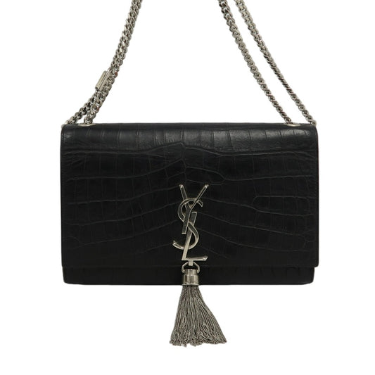 YVES SAINT LAURENT Kate Black Quilted Calfskin Leather Tassel Shoulder Bag With Silver Hardware