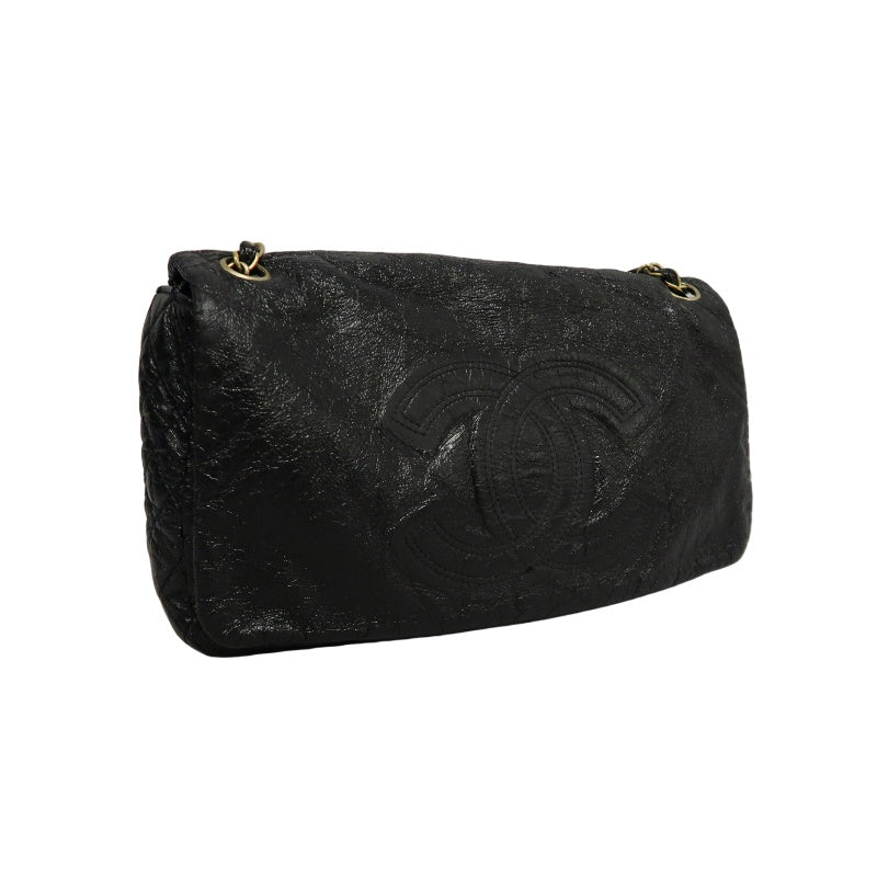 CHANEL Coco Mark Black Patent Waxed Leather Chain Flap Crossbody Bag With Gold Hardware