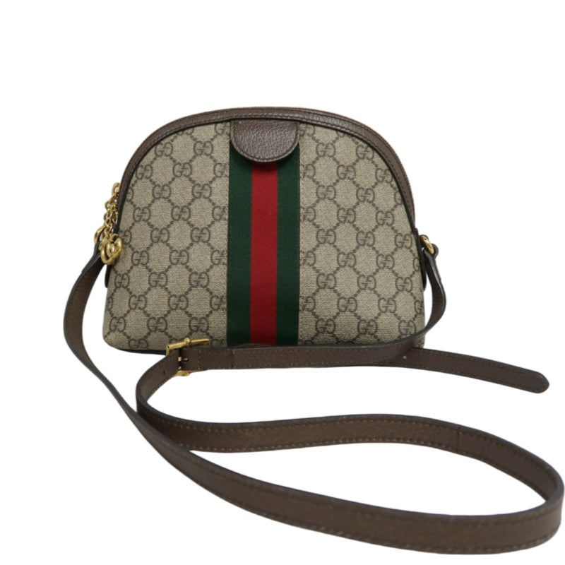GUCCI Ophidia GG Supreme Beige PVC Shell Crossbody Bag With Web Stripe And Gold Hardware