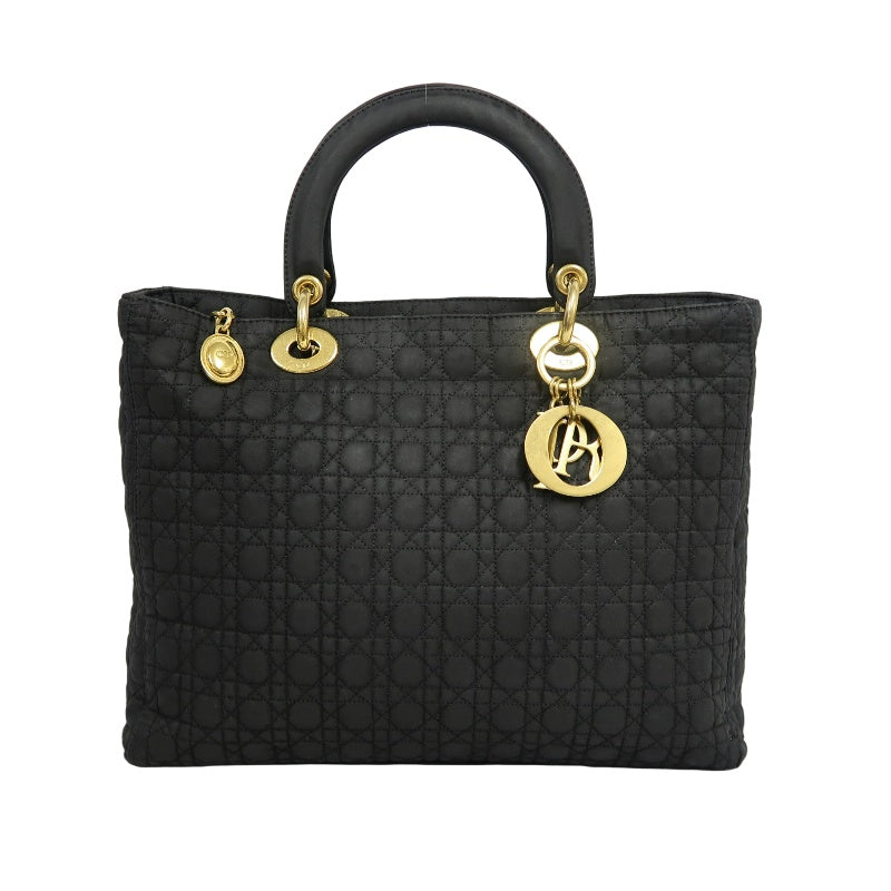 DIOR Lady Dior Black Canvas Cannage Quilted Handbag With Gold Hardware