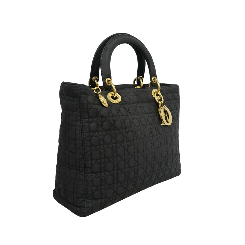 DIOR Lady Dior Black Canvas Cannage Quilted Handbag With Gold Hardware