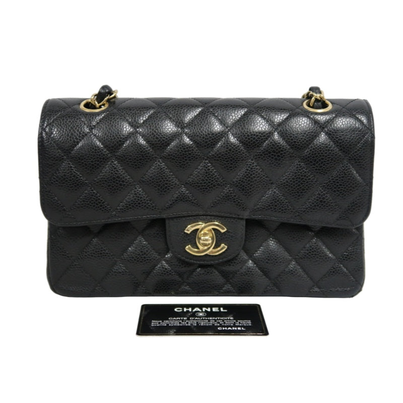 CHANEL Classic Matelasse Black Caviar Leather CF Flap Shoulder Bag With Gold Hardware