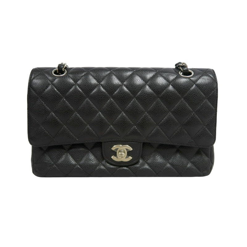 CHANEL Classic Matelasse Black Caviar Leather CF Flap Shoulder Bag With Silver Hardware