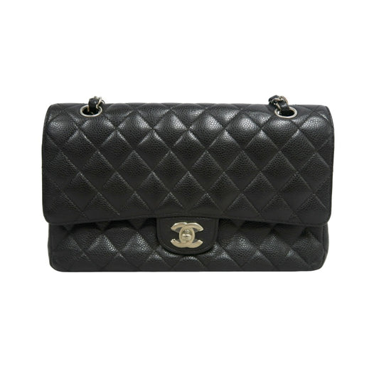 CHANEL Classic Matelasse Black Caviar Leather CF Flap Shoulder Bag With Silver Hardware