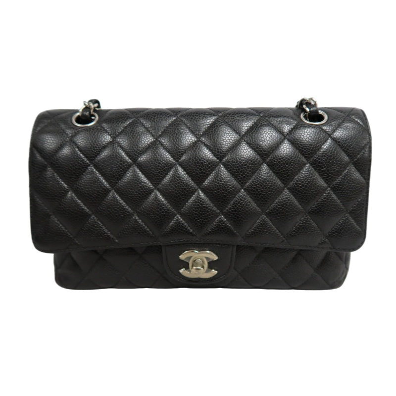 CHANEL Classic Matelasse Black Caviar Leather CF Flap Shoulder Bag With Silver Hardware