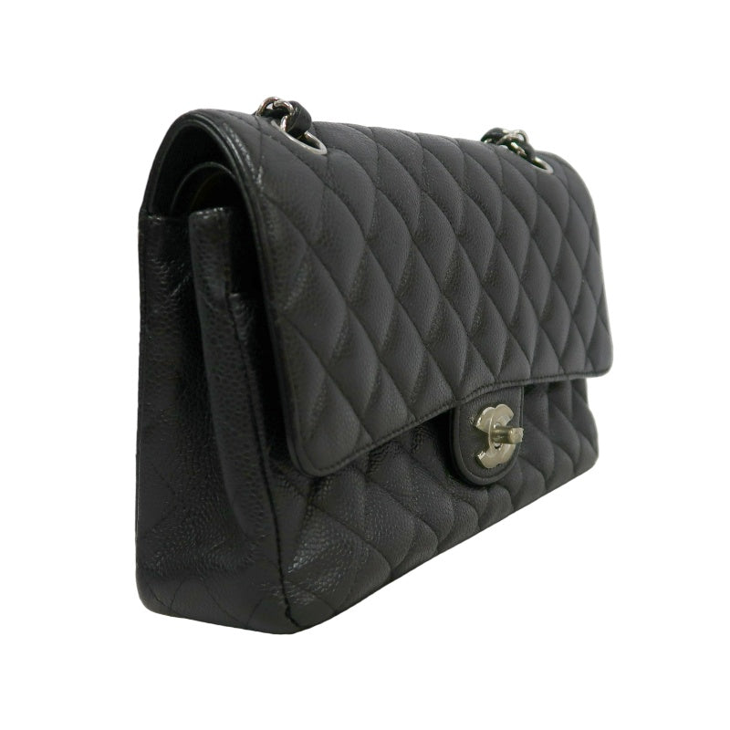 CHANEL Classic Matelasse Black Caviar Leather CF Flap Shoulder Bag With Silver Hardware