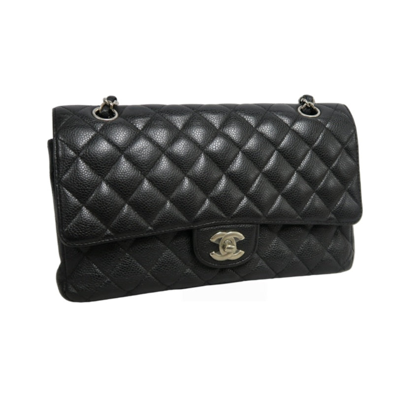 CHANEL Classic Matelasse Black Caviar Leather CF Flap Shoulder Bag With Silver Hardware