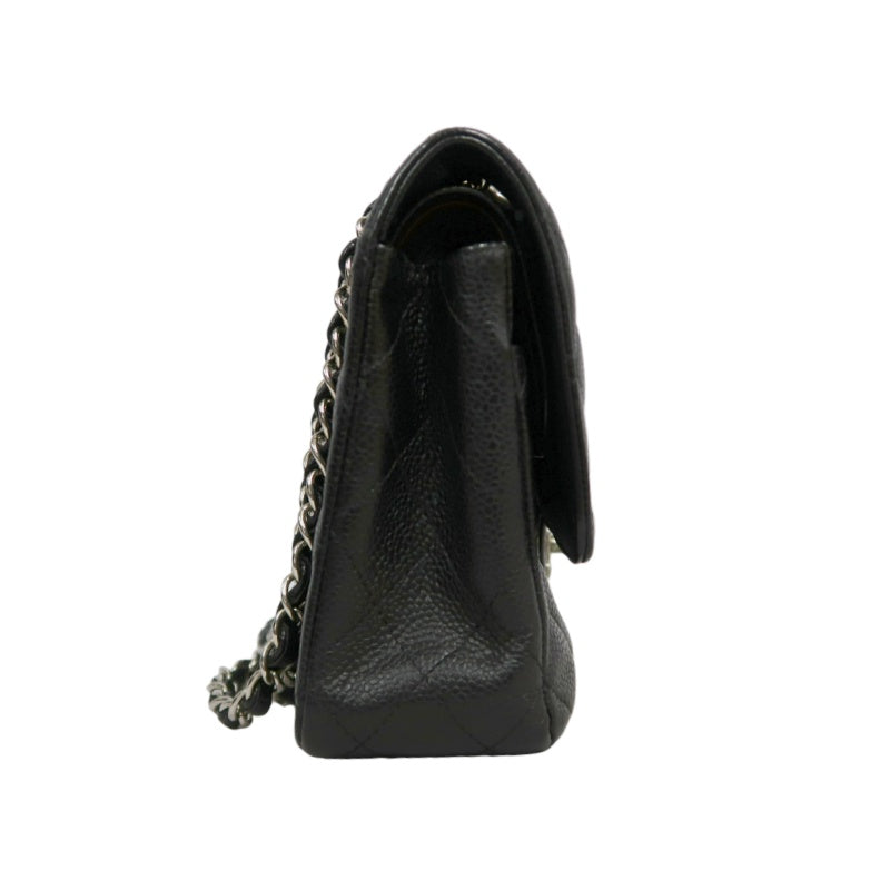 CHANEL Classic Matelasse Black Caviar Leather CF Flap Shoulder Bag With Silver Hardware