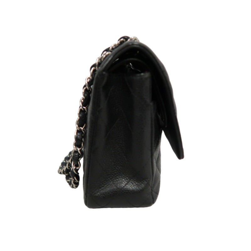 CHANEL Classic Matelasse Black Caviar Leather CF Flap Shoulder Bag With Silver Hardware