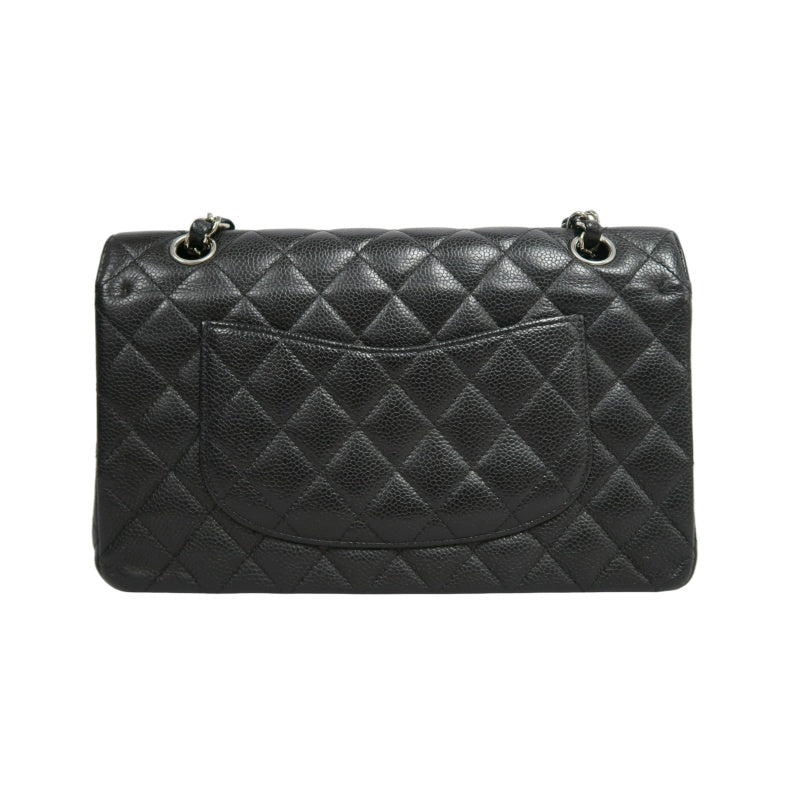 CHANEL Classic Matelasse Black Caviar Leather CF Flap Shoulder Bag With Silver Hardware