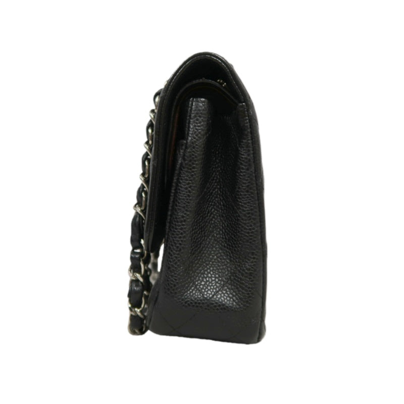 CHANEL Classic Matelasse Black Caviar Leather CF Flap Shoulder Bag With Silver Hardware