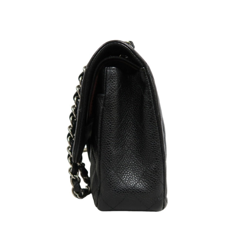 CHANEL Classic Matelasse Black Caviar Leather CF Flap Shoulder Bag With Silver Hardware