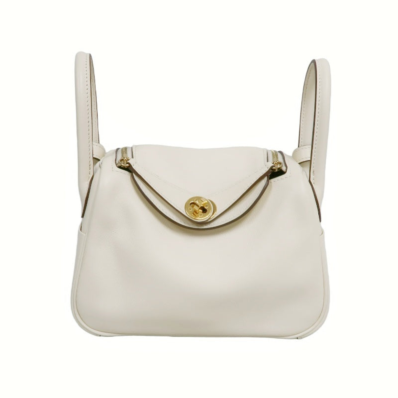 HERMES Lindy Off-white Calfskin Leather Flap Crossbody Handbag With Gold Hardware