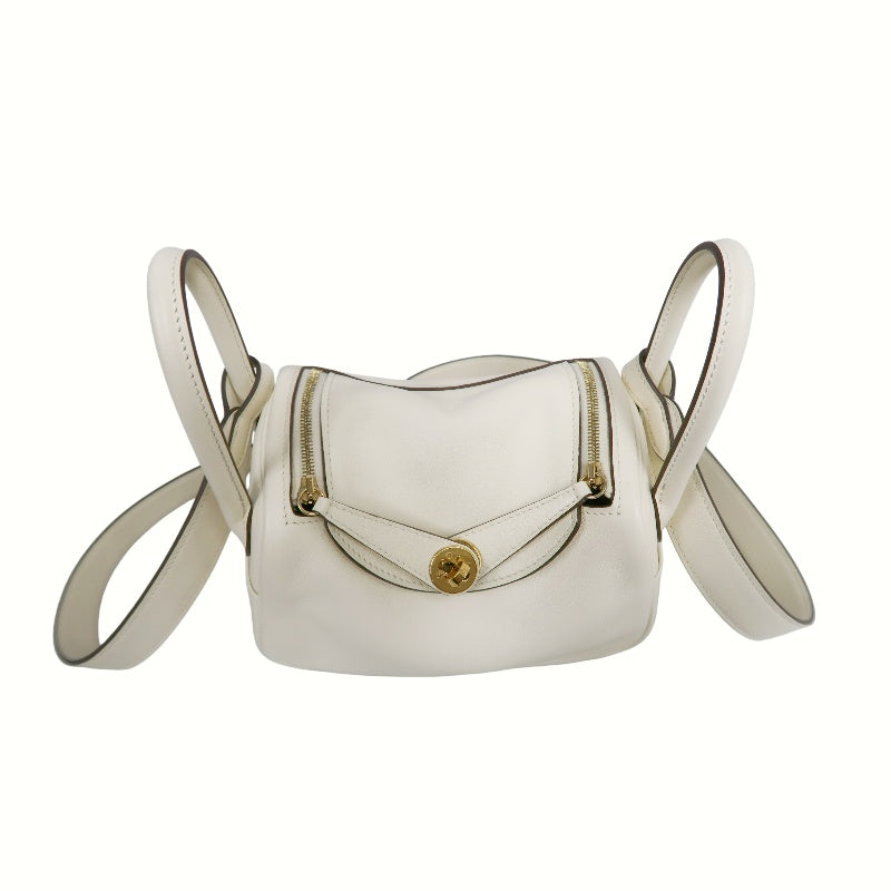HERMES Lindy Off-white Calfskin Leather Flap Crossbody Handbag With Gold Hardware