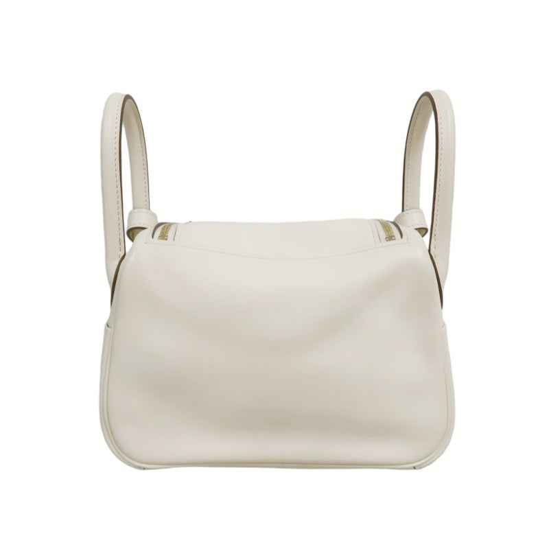 HERMES Lindy Off-white Calfskin Leather Flap Crossbody Handbag With Gold Hardware