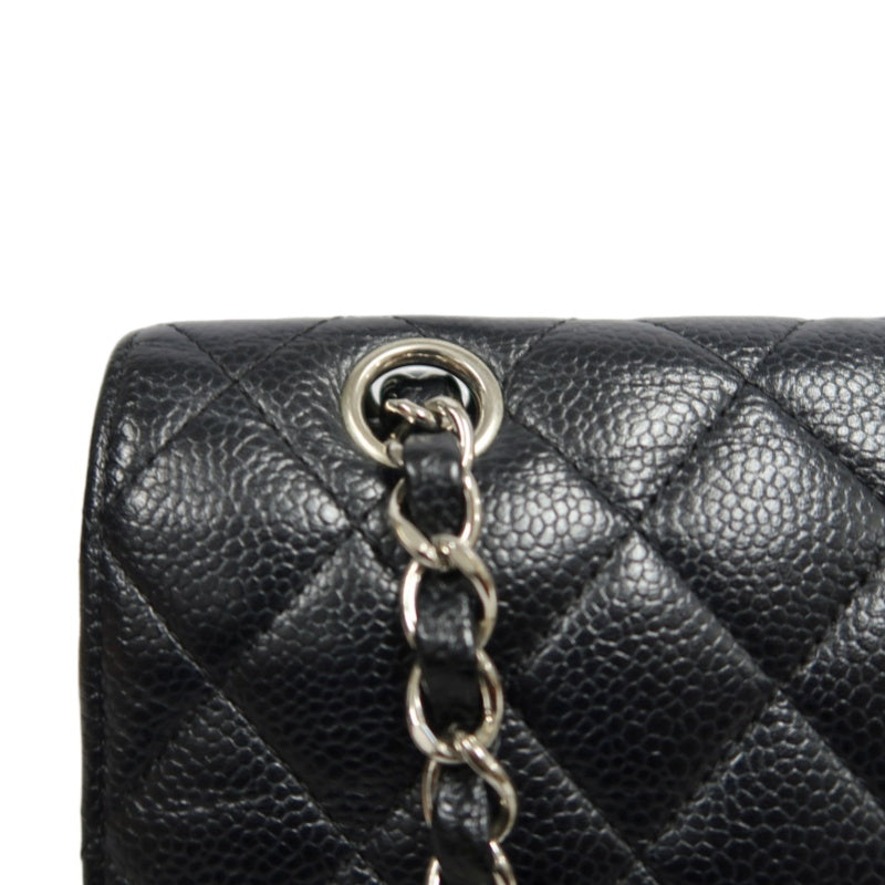 CHANEL Classic Matelasse Black Caviar Leather CF Flap Shoulder Bag With Silver Hardware