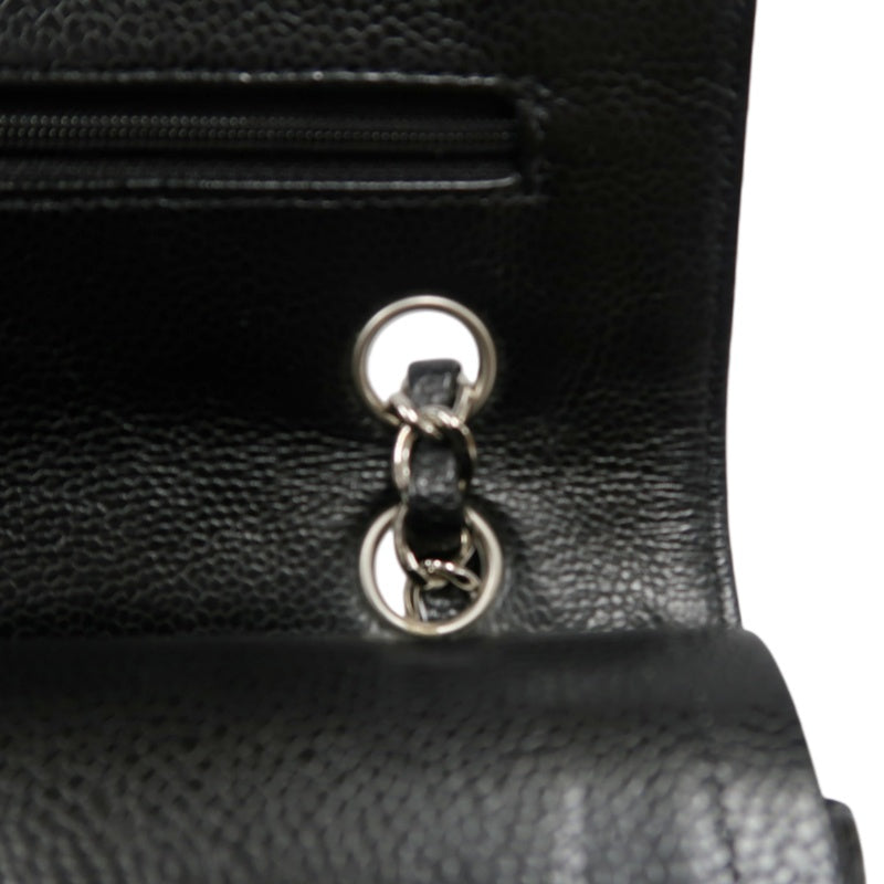 CHANEL Classic Matelasse Black Caviar Leather CF Flap Shoulder Bag With Silver Hardware