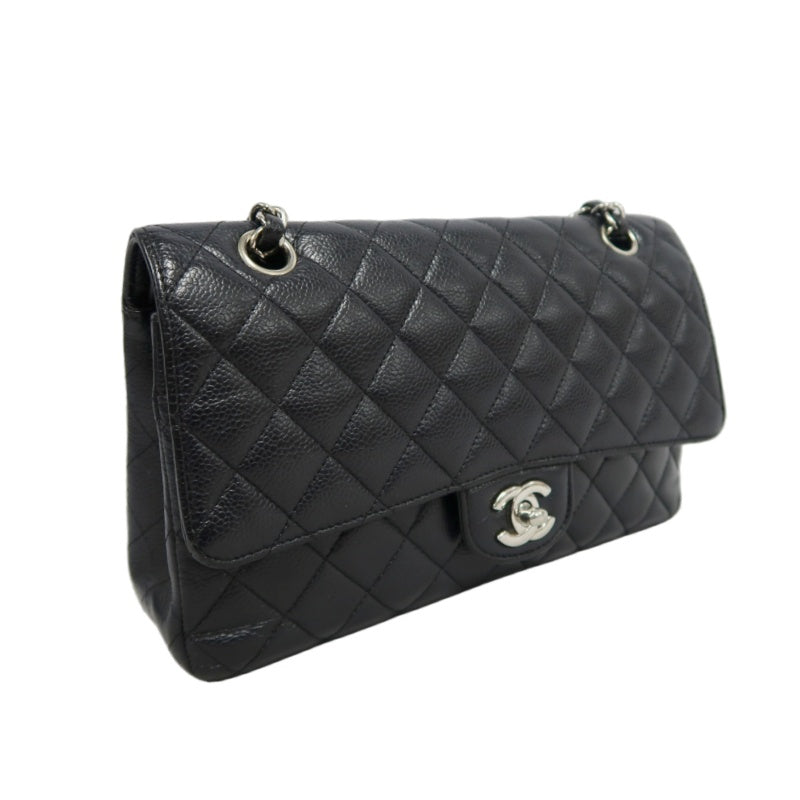CHANEL Classic Matelasse Black Caviar Leather CF Flap Shoulder Bag With Silver Hardware