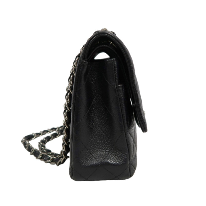 CHANEL Classic Matelasse Black Caviar Leather CF Flap Shoulder Bag With Silver Hardware