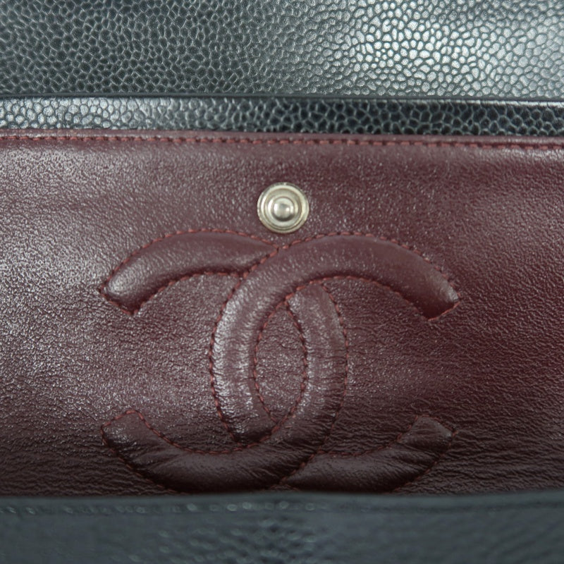 CHANEL Classic Matelasse Black Caviar Leather CF Flap Shoulder Bag With Silver Hardware