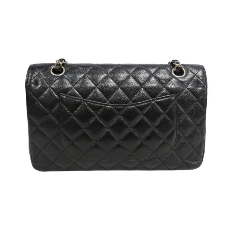 CHANEL Classic Matelasse Black Caviar Leather CF Flap Shoulder Bag With Silver Hardware