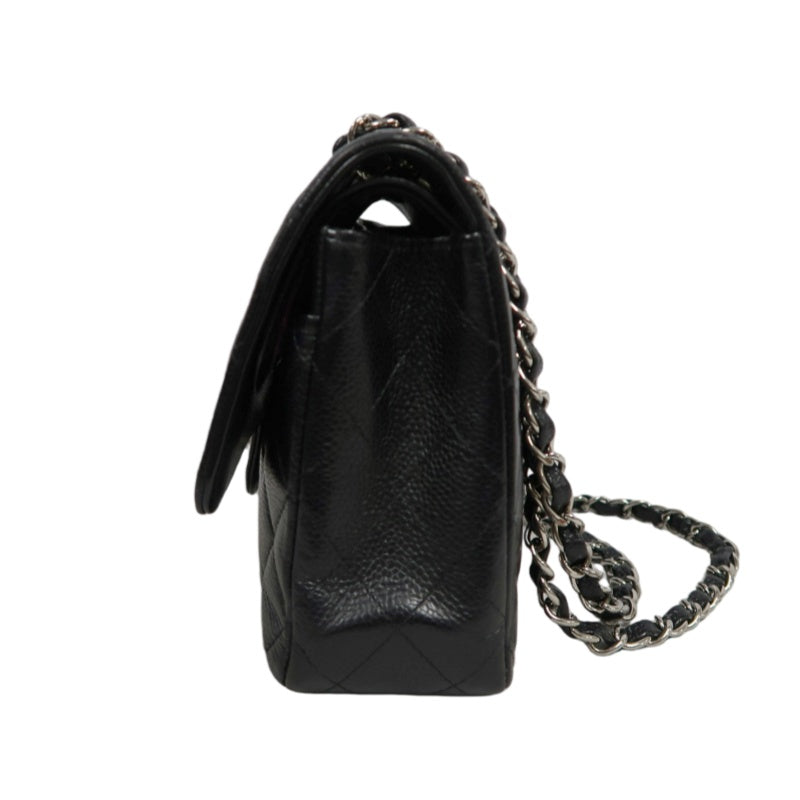 CHANEL Classic Matelasse Black Caviar Leather CF Flap Shoulder Bag With Silver Hardware