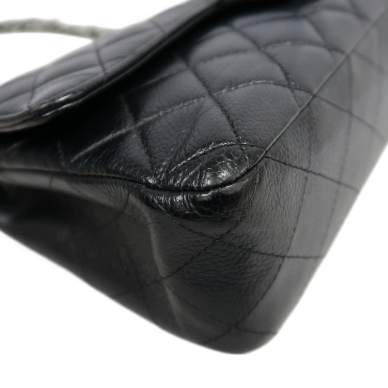 CHANEL Classic Matelasse Black Caviar Leather CF Flap Shoulder Bag With Silver Hardware