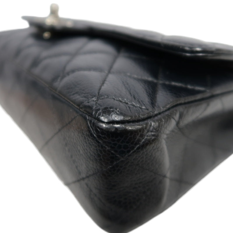 CHANEL Classic Matelasse Black Caviar Leather CF Flap Shoulder Bag With Silver Hardware