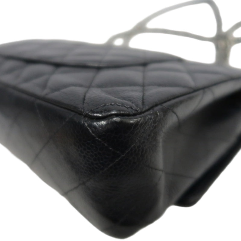 CHANEL Classic Matelasse Black Caviar Leather CF Flap Shoulder Bag With Silver Hardware