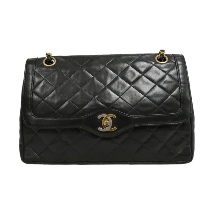 CHANEL Paris Limited Matelasse Black Lambskin Leather Quilted Flap Chain Crossbody Bag With Gold Hardware