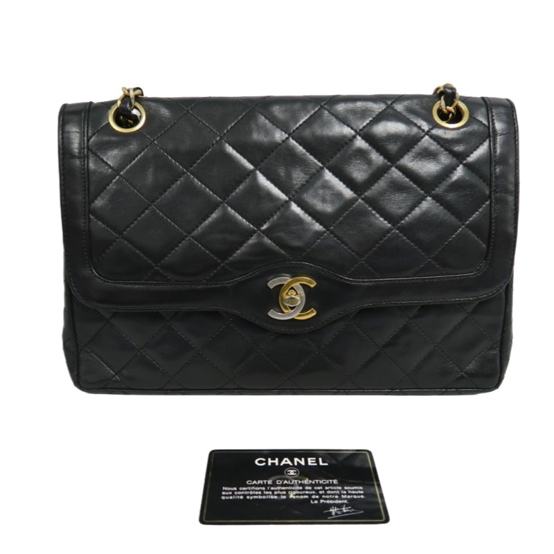 CHANEL Paris Limited Matelasse Black Lambskin Leather Quilted Flap Chain Crossbody Bag With Gold Hardware