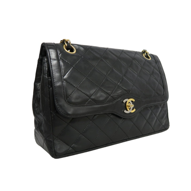 CHANEL Paris Limited Matelasse Black Lambskin Leather Quilted Flap Chain Crossbody Bag With Gold Hardware