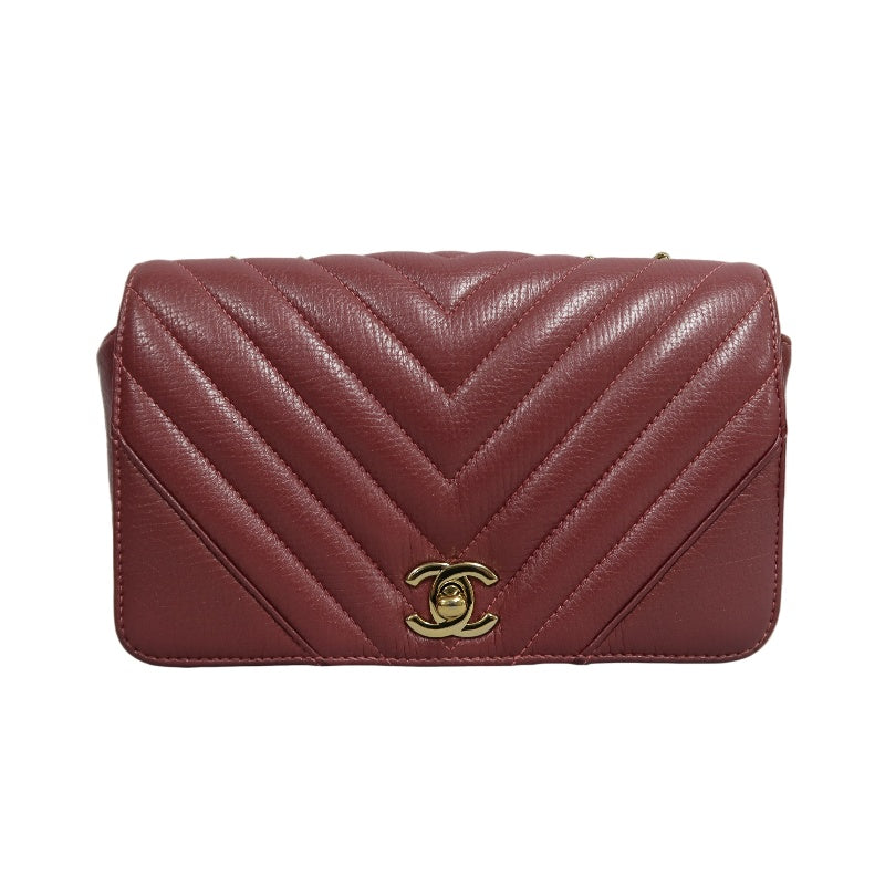 CHANEL Chevron V-stitch Red Calfskin Leather Flap Chain Crossbody Bag With Gold Hardware