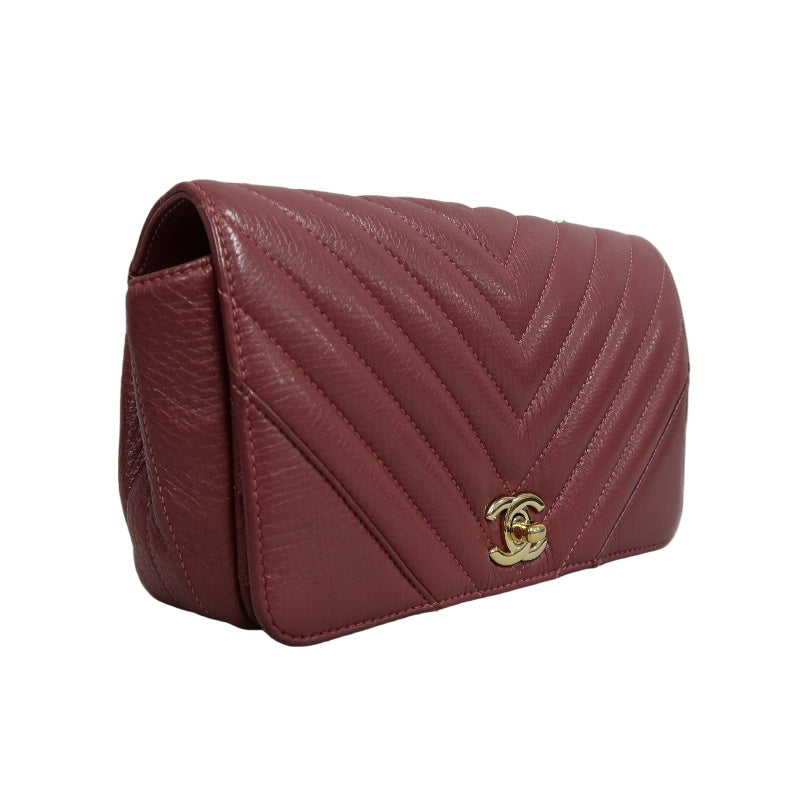 CHANEL Chevron V-stitch Red Calfskin Leather Flap Chain Crossbody Bag With Gold Hardware