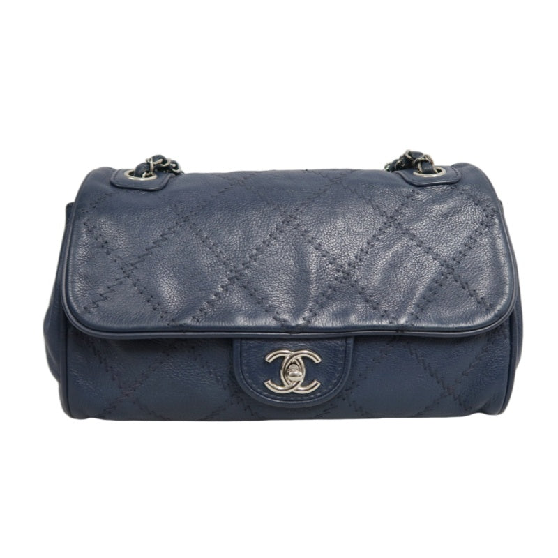 CHANEL Quilted Blue Calfskin Leather Flap Chain Crossbody Bag With Silver Hardware