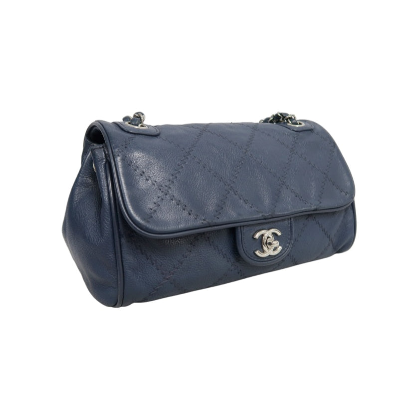 CHANEL Quilted Blue Calfskin Leather Flap Chain Crossbody Bag With Silver Hardware