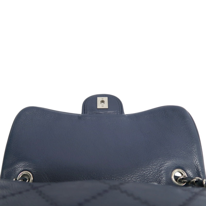 CHANEL Quilted Blue Calfskin Leather Flap Chain Crossbody Bag With Silver Hardware